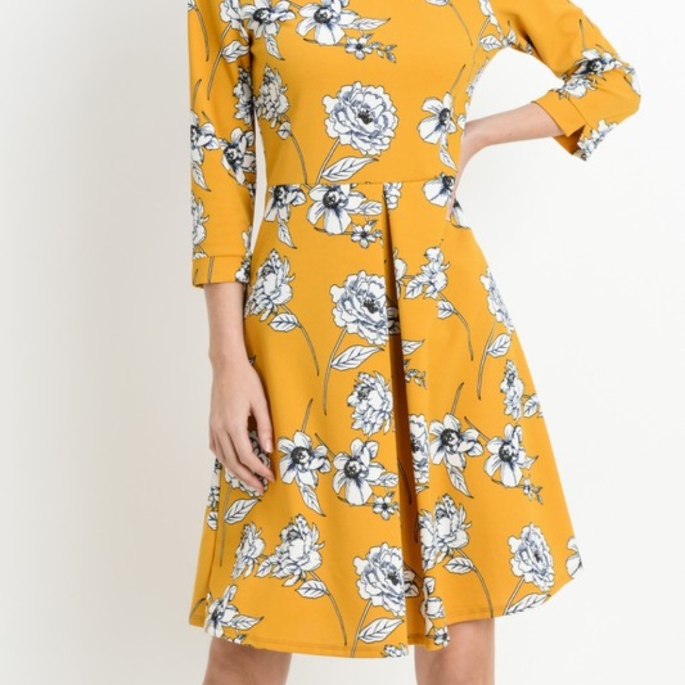 Floral Pleated Dress in Mustard